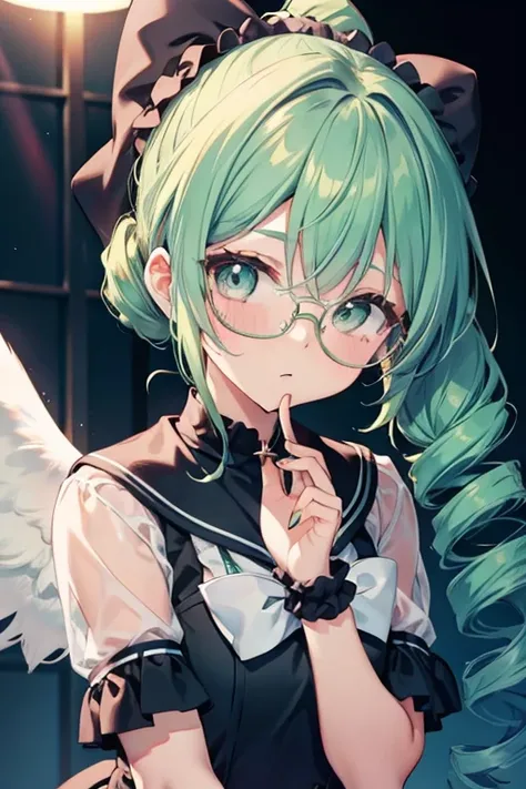 Cute Girls　Gothic sailor suit　Green Hair　Drill Hair　ponytail　Scrunchie　Glasses　　Angel&#39;s wing　race　Background white　front　Anime Style　sd　One person　Tree Eyes