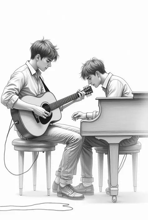 A pencil sketch of a 20 years old boy musician performing on stage with another 20 years old boy