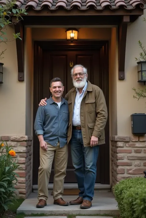 an old man standing in entrance of home with his adult son 
