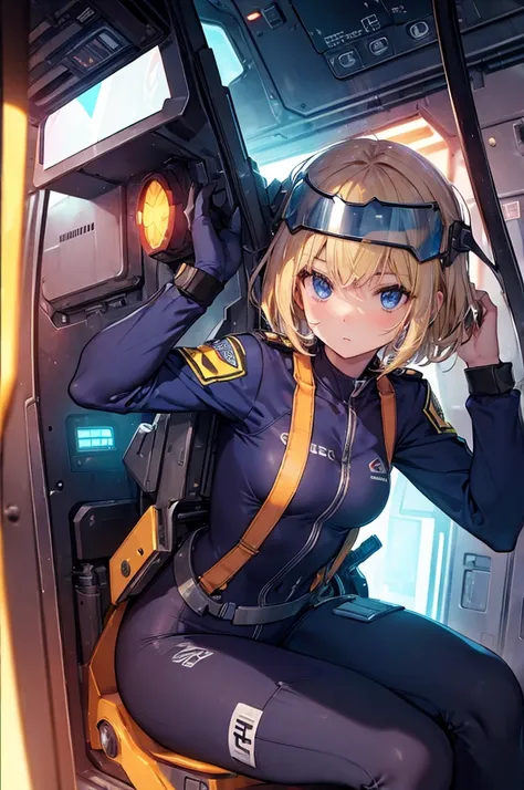 (((hero suit))), girl, solo, blond, short cut, breast, cockpit, device