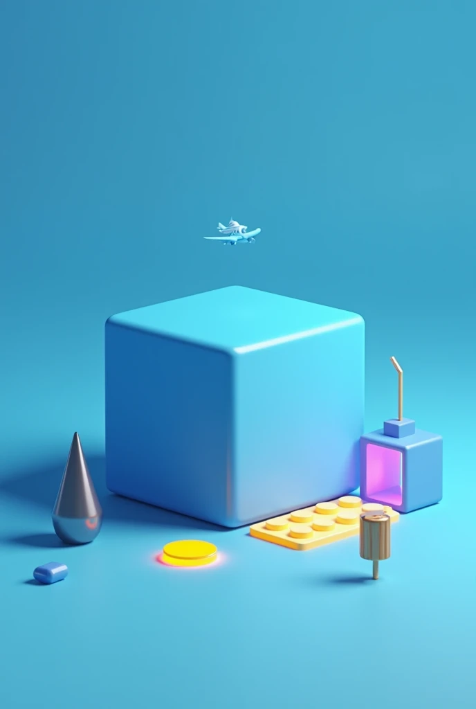 (photorealism:1.2), a cube on the ground, blue floor, blue background, spike on the ground, random block on the ground, portal to tranform to airplane, have a glow yellow pad at some ground