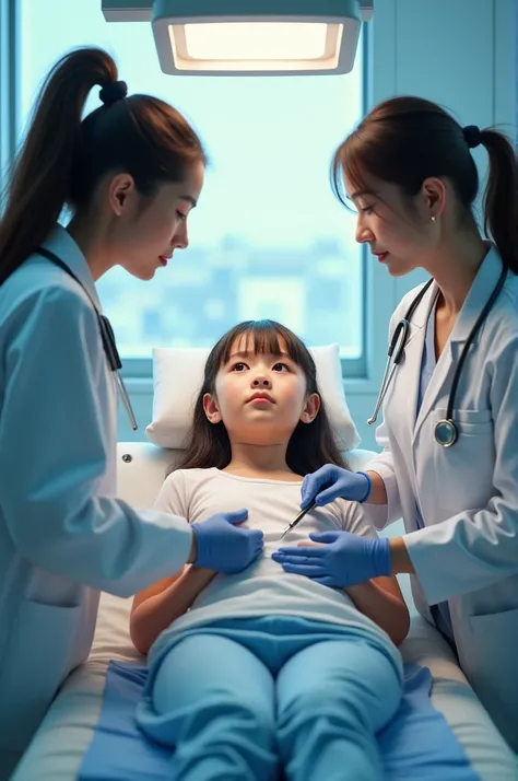 Three female doctors treating girl patient 