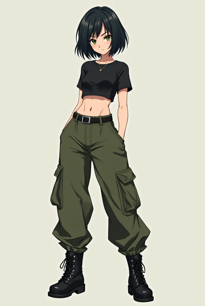 Anime girl, short black hair, black tight fitting crop-top, olive-green eyes, olive-green parachute pants, black combat boots