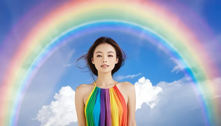 A beautiful woman with a lovely aura illuminated by a rainbow