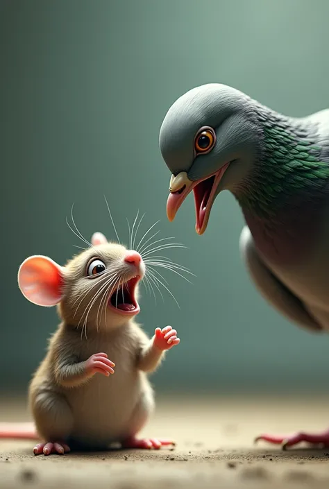 A rat talking to a pigeon, the pigeon is laughing and rat is crying 