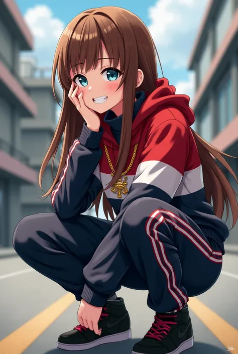 (masterpiece, best quality, absurdres, 4k, aesthetic, detailed, intricate),(anime style:1.5), street,slav squatting,cinematic angle,1girl, air_jordan_1,epfegoldmary,brown hair,long hair,blue eyes,track suit,grin,gold chain,jewelry,black footwear,grin