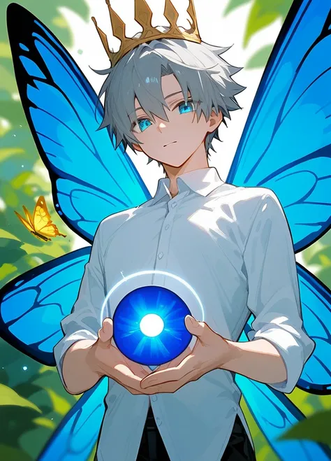 an anime character with blue wings holding a glowing orb, in a fairy like garden, oberon (fate), 1boy, male focus, bug, shirt, solo, black hair, wings, crown, white shirt, butterfly, insect wings, blue eyes, bangsa cartoon of an illustration of a fantasy c...