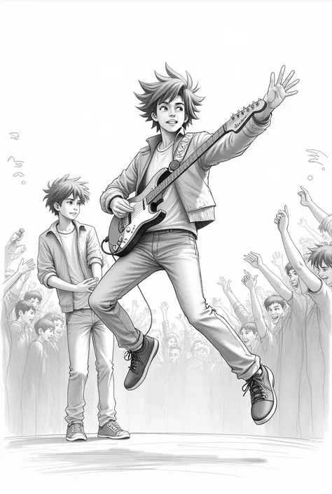 A pencil sketch of a 20 years old boy musician jumping performing on stage, with another 20 years old boy, holding only a microphone, with a cheerful crowd 