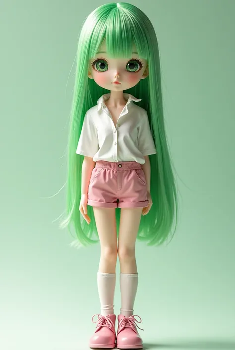 ((Best Quality)), ((masterpiece)), (detailed), (original), (realist), girl straight hair green glitter, medium green eyes, soft smooth skin, small mouth, pink,  Whole body, shorts, White shirt, leather shoes, transparent stockings, 