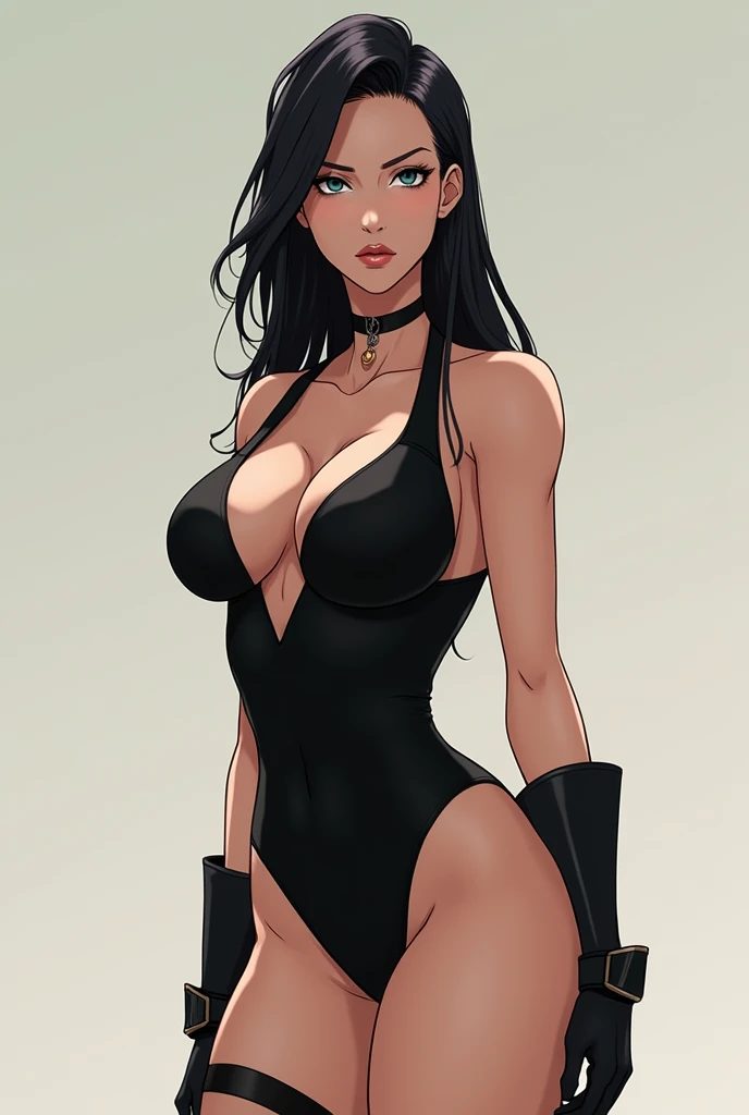 Tall women, leotard black, long low hair, mature women, serious face, beautiful body, big butt, big breast, full body, anime style, body suit, legwear, arm wear, straight hair 