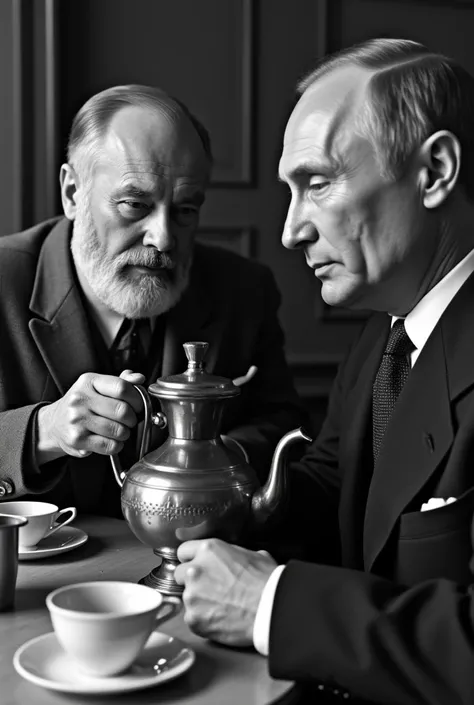 Ernest Hemingway drinks tea from a samovar with Putin