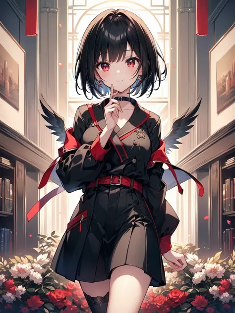 (masterpiece, highest quality, highest quality, (No text), Beautiful and aesthetic:1.2),No text,アニメ、BREAK,One Girl，Black Hair Girl　short hair　older sister　choker　Beautiful eyes　Red eyes　cool　smile　Black and Red　Black jacket　stockings　whole body　In town