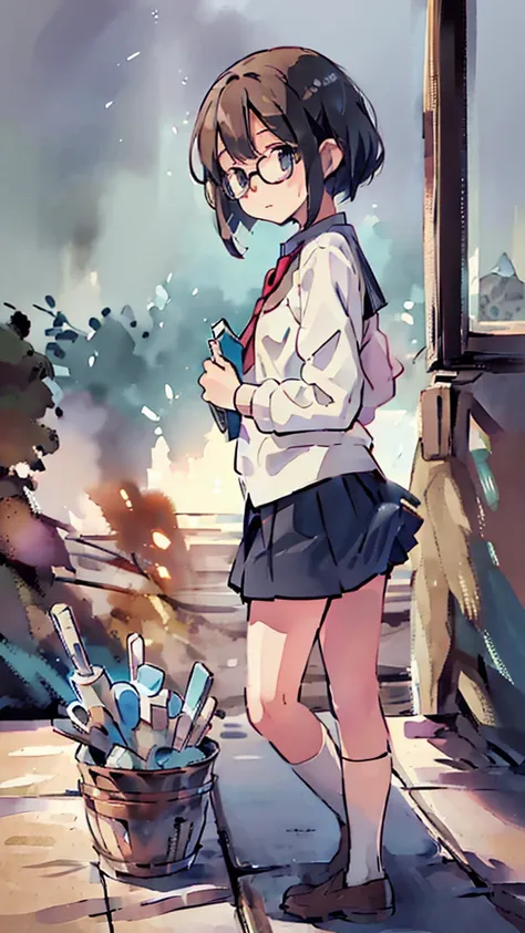 Motorcycle、metropolis、water、Midnight、Moon、Blue light、sky、sea、Nsfw、masterpiece, high quality, 4K, HDR,, Stable Diffusion prompt:  schoolgirl with short、brown hair and red-framed glasses, wearing a white blouse and navy skirt, white panties visible, navy soc...