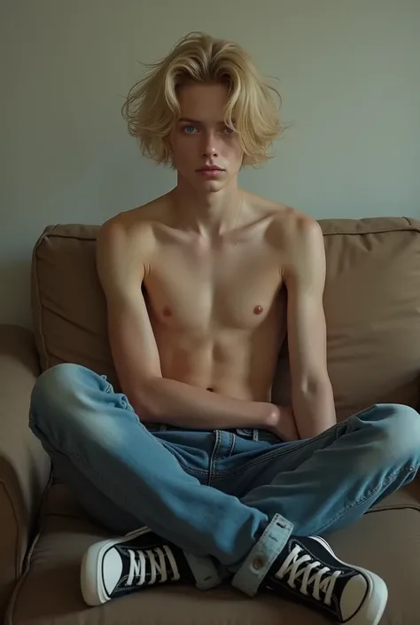 Create a 17 year old boy with blond hair, androgynous face and body with dd size girl breasts, topless, no muscles, wearing jeans and black sneakers, sitting on a couch 