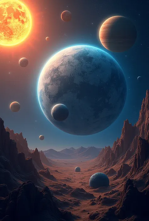 (photorealism:1.2), a sun, a hot planet, the earth with moon, the cold planet with black and brown moon, a blue colored gas planet with hot, cold, rocky and ring moon