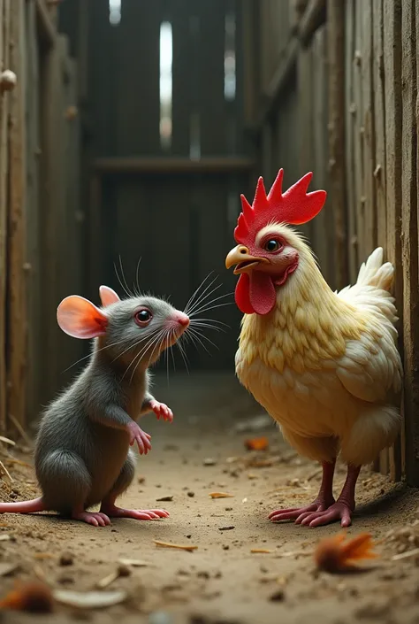 A crying rat talking to a chicken who is laughing at rat 