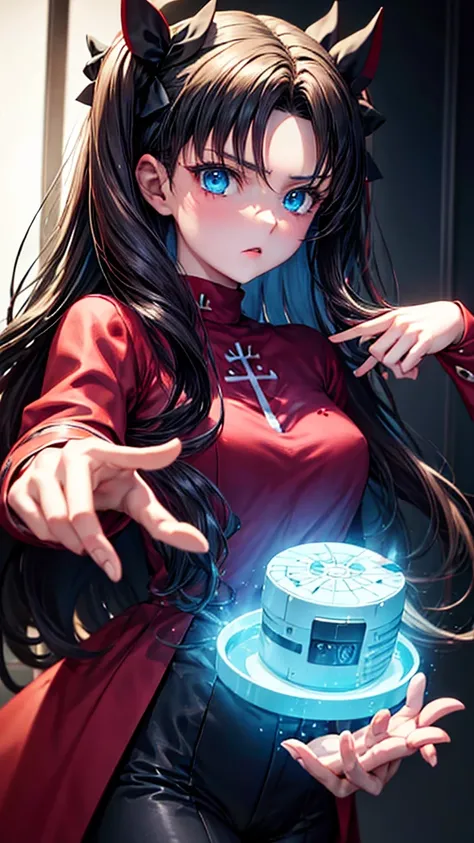 Rin Tohsaka, she is standing looking at the viewer playing with a lock of her hair, your face flushed very excited, fully body, work of art, top quality picture, super resolution, High definition, 4K, full hd, well defined and detailed image in the smalles...