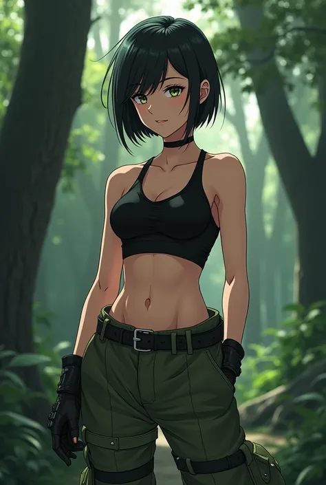 Anime girl, short black hair, black tight fitting crop-top, olive-green eyes, olive-green parachute pants, black combat boots, dark forest background 