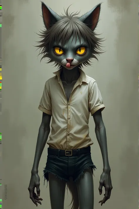 Alone, male, zorro, gray fur, gray body, yellow eyes, detailed eyes, Detailed hands, Brown hair, medium hair, messy hair, short, delgado, weak, unathletic, huesudo, stinky, smelly, sweaty, sweat, vapor, vapory, dirty white shirt, ripped black boxers, by th...