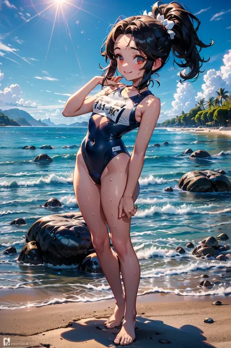 (((beautiful))), (((School Swimsuit, Daytime beach, sun, 4. Perfect figure, full body))), ((Black Hair, parted bangs, forehead, ponytail, hair ornaments, slim)), One Woman, Small breasts, Thin legs, Glowing Skin, Sweat, (((Intricate details))), High resolu...