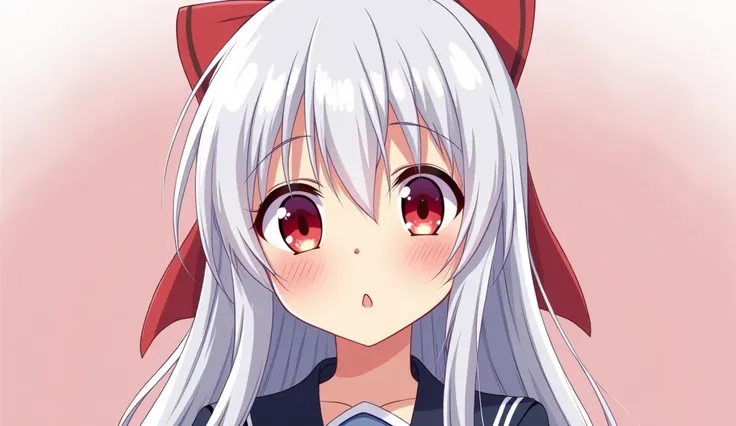 Create an anime style teenage girl image. long white hair, Eyes red, fine nose, japanese school clothes, very big tits.