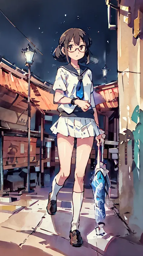 metropolis、water、Midnight、Moon、Blue light、sky、sea、Nsfw、masterpiece, high quality, 4K, HDR,, Stable Diffusion prompt:  schoolgirl with short、brown hair and red-framed glasses, wearing a white blouse and navy skirt, white panties visible, navy socks and brow...