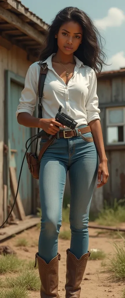 Cowgirl with soft dark skin and white shirt and blue jeans and brown boots hold a small power wash gun 