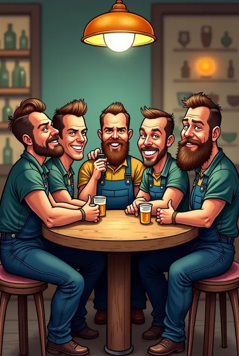 Can you generate an image of 5 mechanics at a bar table?, apparently after leaving work, make them dirtier. I need it as a drawing, brazilian caricature style 