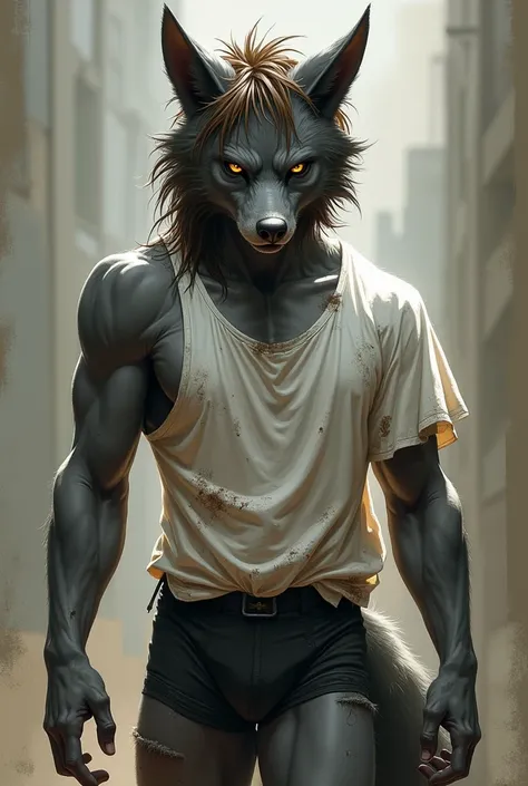 Alone, male, zorro, gray fur, gray body, yellow eyes, detailed eyes, Detailed hands, Brown hair, medium hair, messy hair, short, delgado, strong, athletic, huesudo, stinky, smelly, sweaty, sweat, vapor, vapory, dirty white shirt, ripped black boxers, by th...