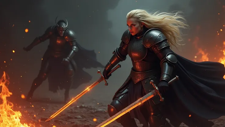 dark fantasy, fierce atmosphere, a Blonde warrior woman, Xeena, pale skin, full plate armor with intricate designs, sword held in one hand, in the midst of an intense battle, fighting through flames and shadows, her sword cutting through darkness, flames l...