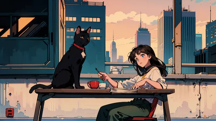 Highest quality, 8k, 1990s style,Hairstyles of the 2010s, 15-year-old girl, Black Hair, Long Hair, Light brown eyes, City Pop, pants ,morning, I am studying, whole body,  Relax Coffee,table,making,look at me, Black cat
