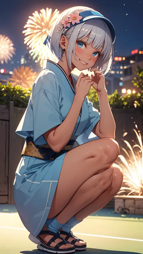 a woman holding a blank sign, front view, from below, One Girl、独奏, Beautiful silver hair、((((Very short hair))))、Blue eyes、(blue visor)、((Blunt bangs)), ((Medium Chest)), 24-years-old, ((Tennis uniform)),  (tsurime), Tight waist、French braids, happy smile、...