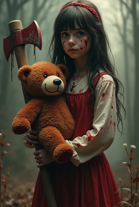 a serious girl, full of blood, holding a teddy bear full of blood and in the other hand she has an axe.