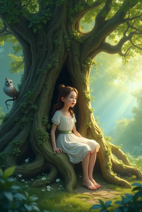 A beautiful scene and a young girl sitting in the trees  
root and singing and there is a awesome creature