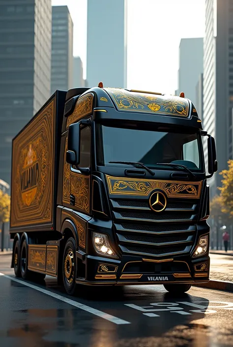 Create a side truck with the Villania brand in black and gold colors