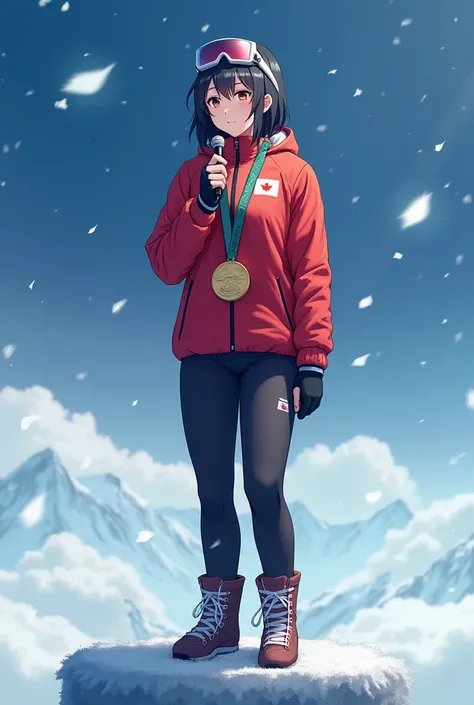 High resolution,Japanese woman wins first place at the Olympics,Standing on the podium and singing the national anthem,Tears in my eyes,