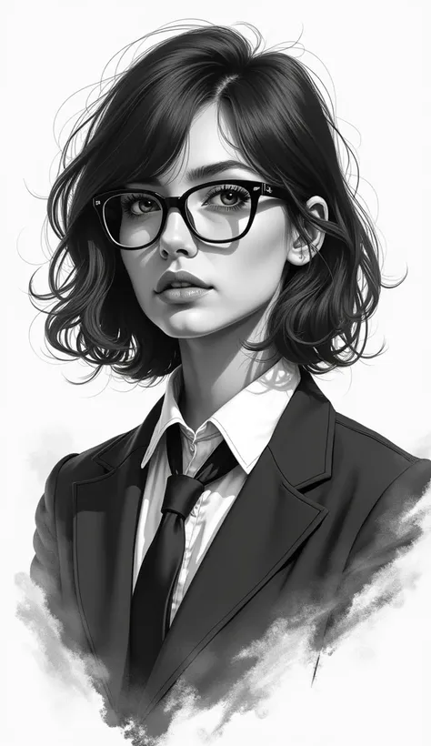 a black and white drawing of a woman with glasses and a tie, art of alessandro pautasso, air brush illustration, epic portrait illustration, monochromatic airbrush painting, high quality sketch art, Mr. Károly Lotz, arte vetor preto e branco, high quality ...