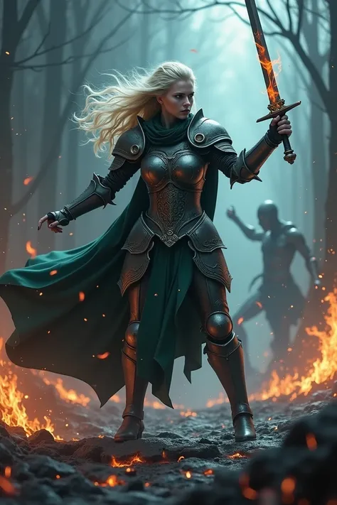 dark fantasy, fierce atmosphere, a Blonde warrior woman, Xeena, pale skin, full plate armor with intricate designs, dark green cape, sword held in one hand, in the midst of an intense battle, fighting through flames and shadows, her sword cutting through d...