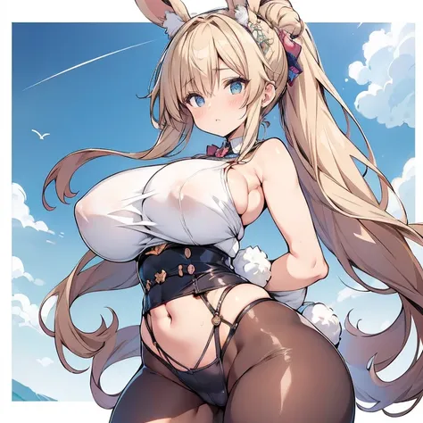 Anime Kawaii sexy Perfect Slim sensual body large breast and huge thighs, An intricate and highly detailed illustration of anime (Young girl)  bunny woman, Rabbit woman, Loose pants, waist belt, blue colored eyes, mulher de pele tanned, tanned, unhas com p...