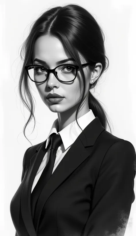 a black and white drawing of a woman with glasses and a tie, art of alessandro pautasso, air brush illustration, epic portrait illustration, monochromatic airbrush painting, high quality sketch art, Mr. Károly Lotz, arte vetor preto e branco, high quality ...