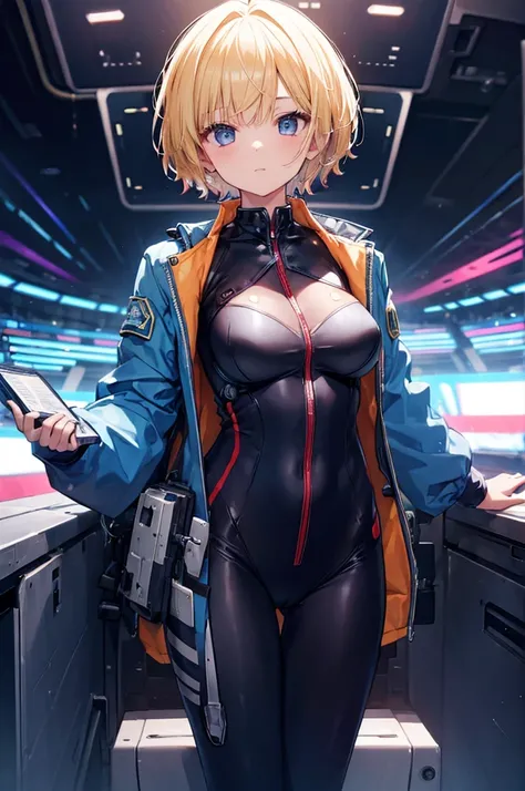 (((magic suit))), girl, solo, blond, short cut, breast, cockpit, device