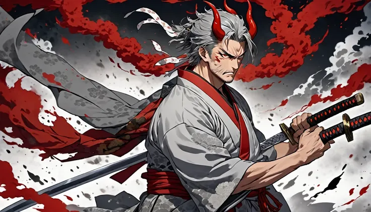 Highest quality,Two small red horns on its head,1 male,Holding a sword,muscle,kimono,Handsome,Gray Hair,anger,spirit,Insanity,Sharp Eyes,Murderous intent,strongest,