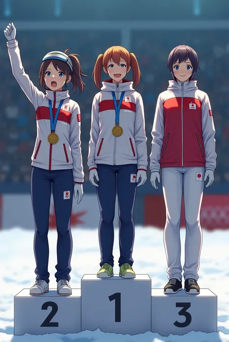 Real,High resolution,Japanese women dominate first, second and third places at the Olympics,Standing on the podium and singing the national anthem,Tears in my eyes,Big podium,