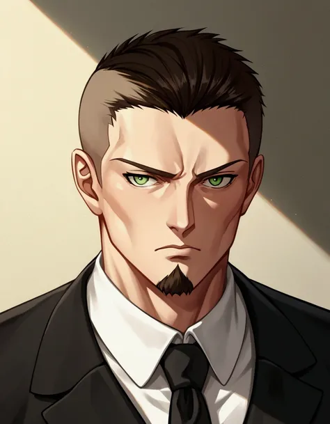 1man, man in black, vigorous mature, business hair with asymmetrical bangs, goatee, green platina blond hair, emerald eyes, BREAK 40yo, charming caucasian, slightly long chiseled face, deep set, angular jaw, facial wrinkles, crewcut, BREAK ideal ratio body...