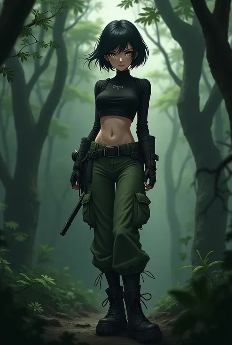 Anime girl, short black hair, jellyfish hair-cut, olive-green eyes, black tight fitting crop-top, olive-green parachute pants, black combat boots, dark forest background 