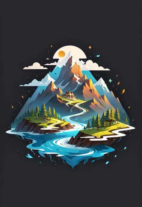 impressive painting of a mountain with trees and water, a detailed painting by Petros Afshar, shutterstock contest winner, environmental art, detailed painting, outlined art, 2d game art, isolated background for logo, strong contours, logo design
