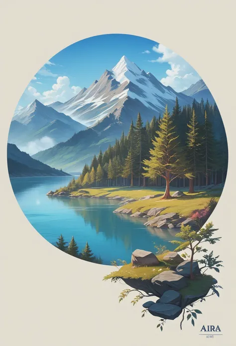 impressive painting of a mountain with trees and water, a detailed painting by Petros Afshar, shutterstock contest winner, environmental art, detailed painting, outlined art, 2d game art, isolated background for logo, strong contours, logo design
