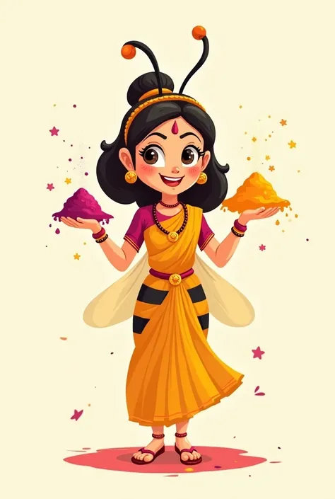 Cartoon of a bee in simple Hindu clothing in 2D, not so much detail, maintaining the insect features, happy and feminine features with gulal powder in hands