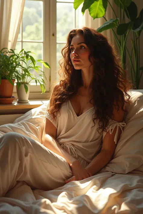 (photorealism:1.2), beautiful woman, sitting on bed, wearing loose off-shoulder top, pajama pants, long curly hair, indoors, soft lighting, plants in background, window with sunlight, cozy room, relaxed pose, realistic, intricate details, warm colors, by G...