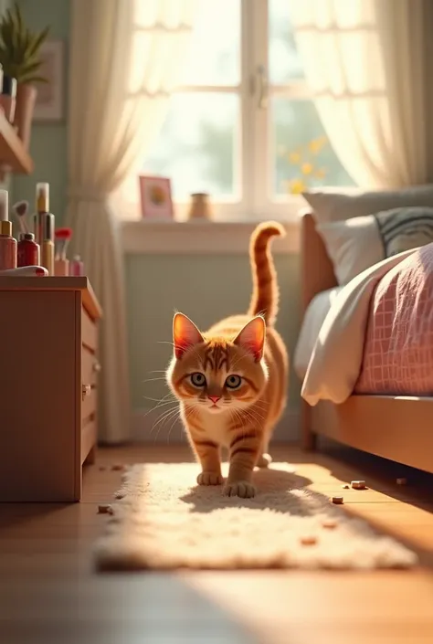 
Whiskers, looking sneaky and determined, is cautiously entering a neatly organized bedroom. Her eyes are fixed on the makeup laid out on a dressing table, with the room bathed in soft, natural light.
